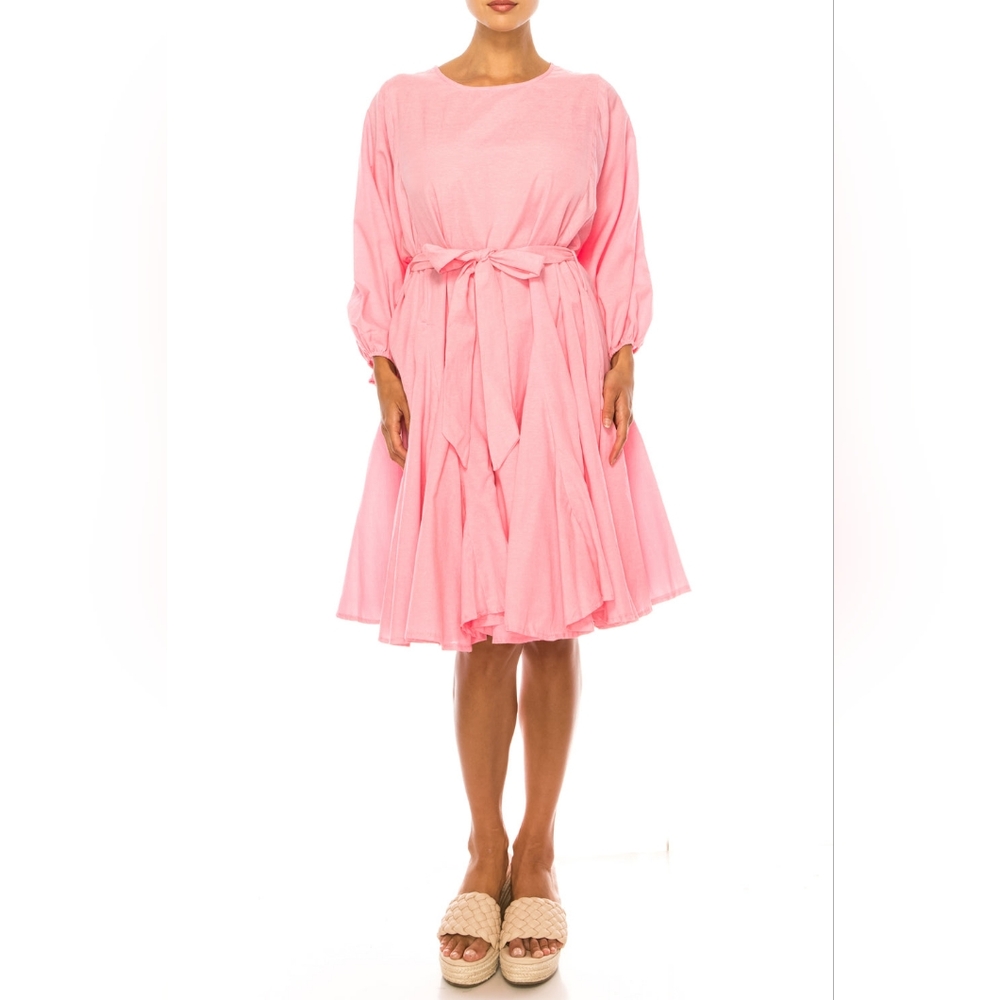 Vivid Long Sleeve Belted Godet Skirt Flared Dress.DR24611